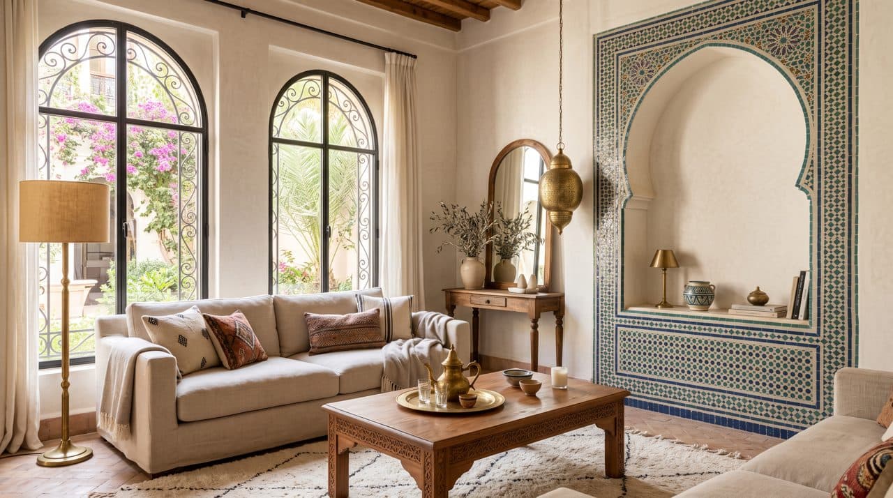 Salon lumineux d'un appartement à Marrakech (visuel généré par IA)