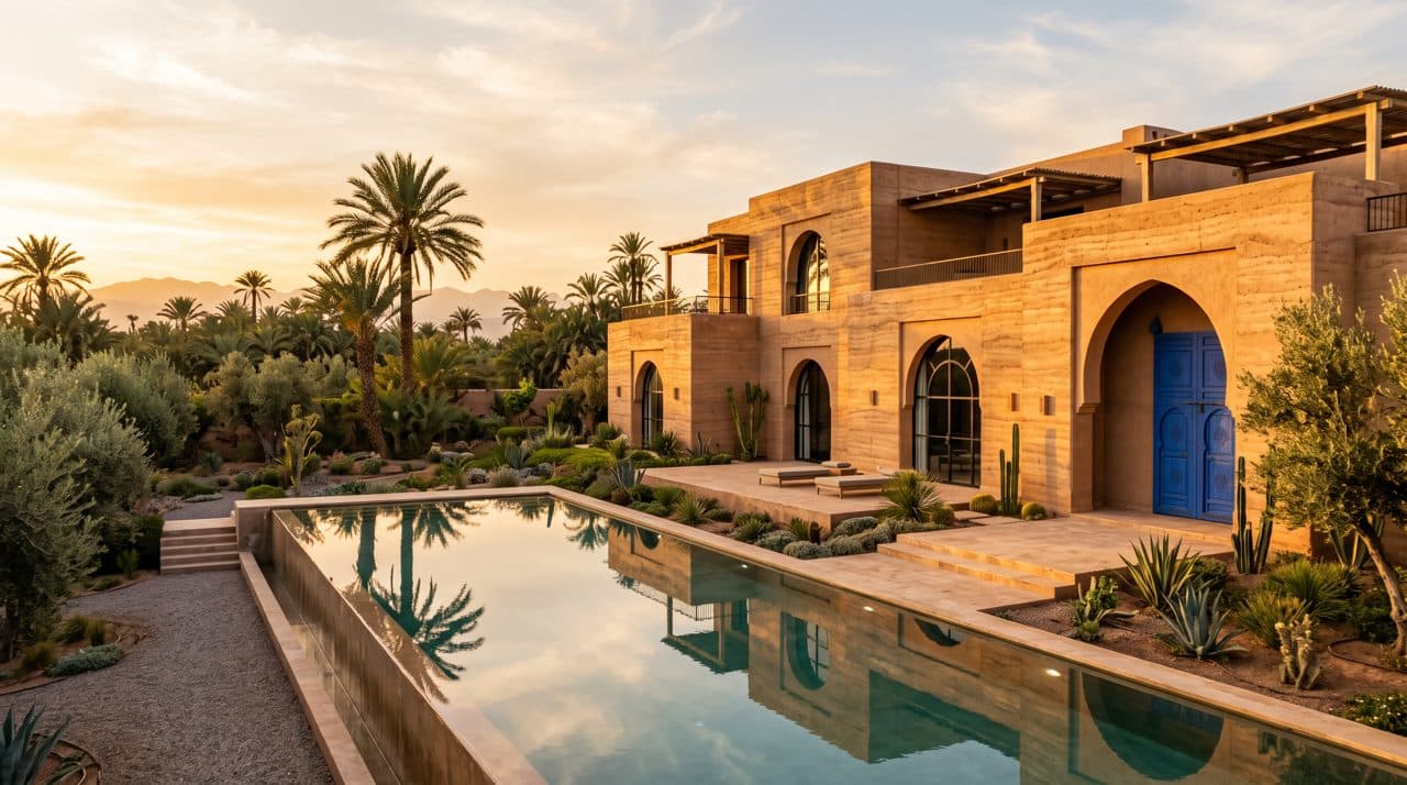 Villa contemporaine à Marrakech au coucher du soleil (visuel généré par IA)