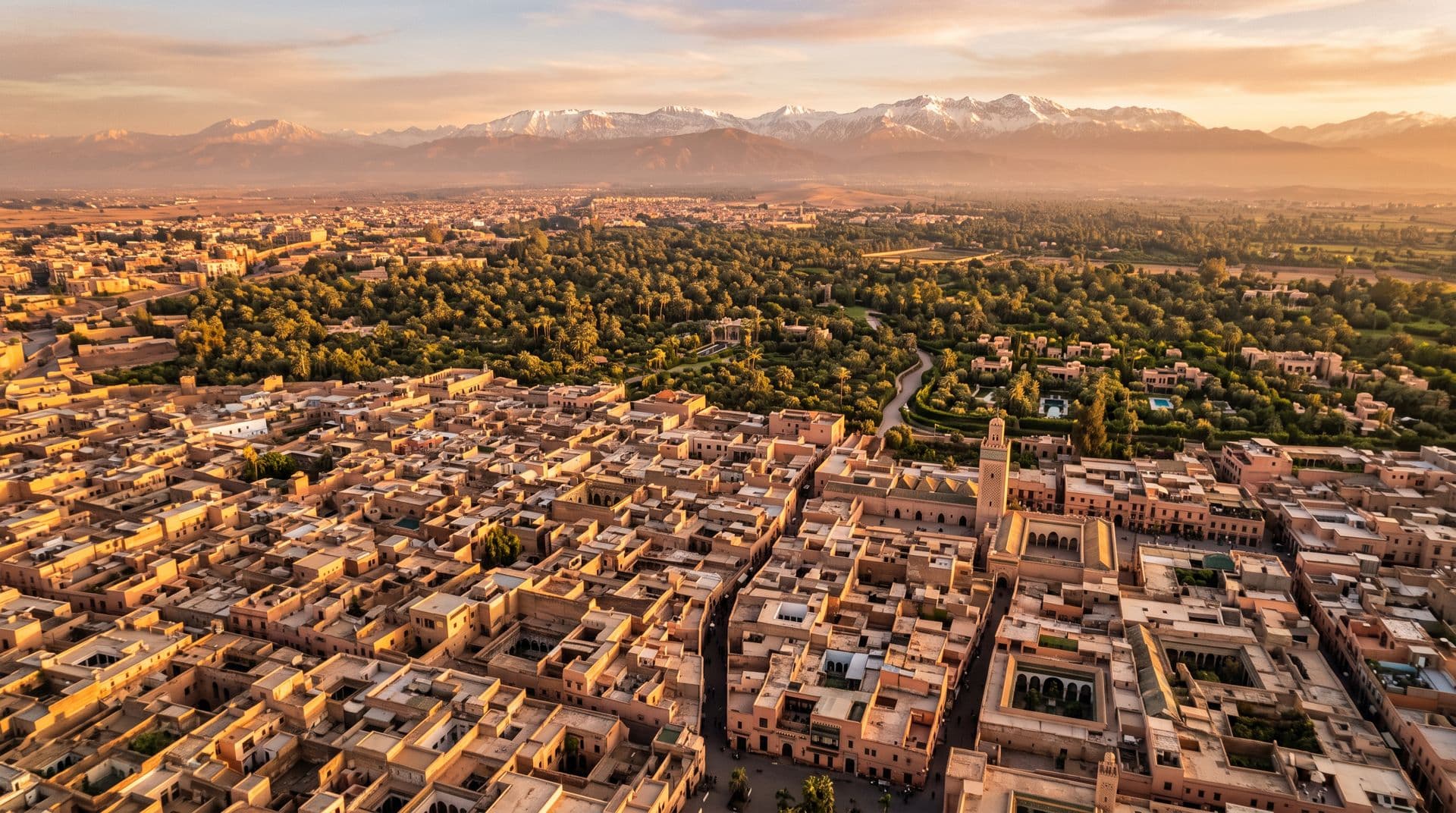 Vue aérienne de Marrakech au coucher du soleil, avec l'Atlas (visuel généré par IA)