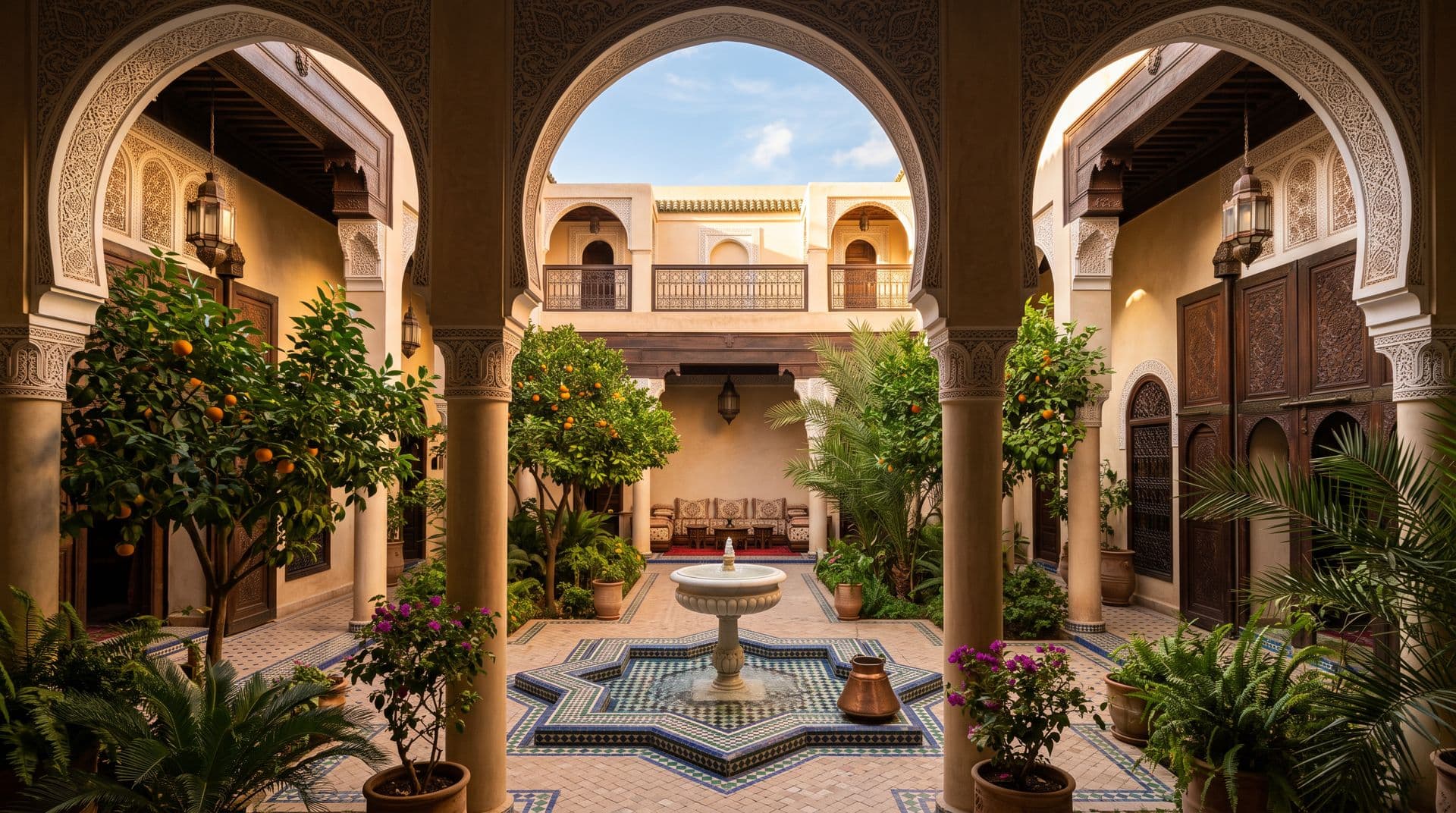 Patio d'un riad avec fontaine et orangers (visuel généré par IA)