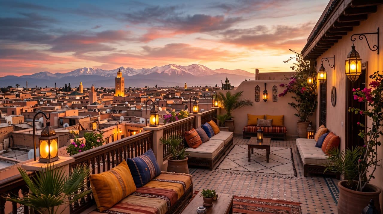 Terrasse de riad à Marrakech au coucher du soleil, avec l'Atlas au loin (visuel généré par IA)